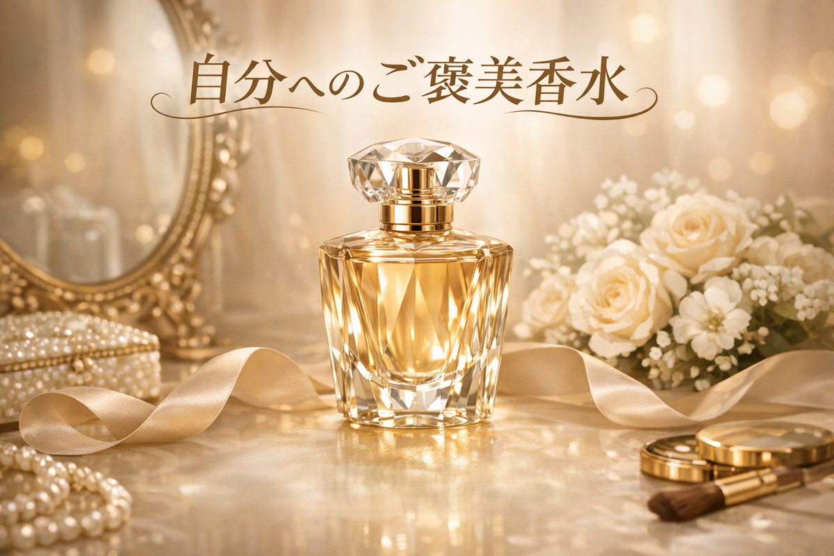 「自分へのご褒美香水ガイド｜努力を癒す特別な香りの見つけ方」上品で洗練された香水ボトルとやわらかな照明のデザイン。